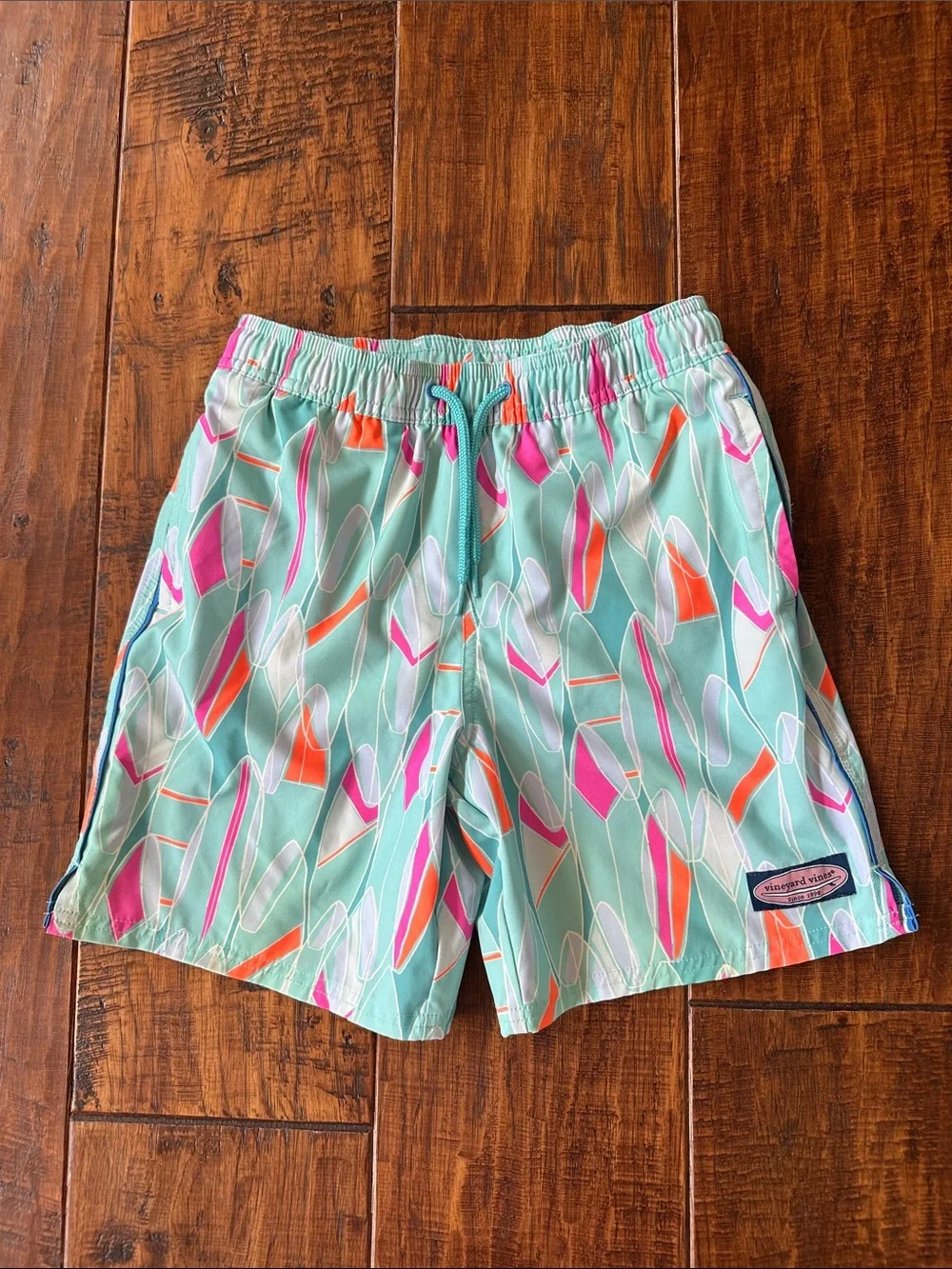 Vineyard Vines Kids Mint Swim Trunks with Pink & Orange Surfboard Print